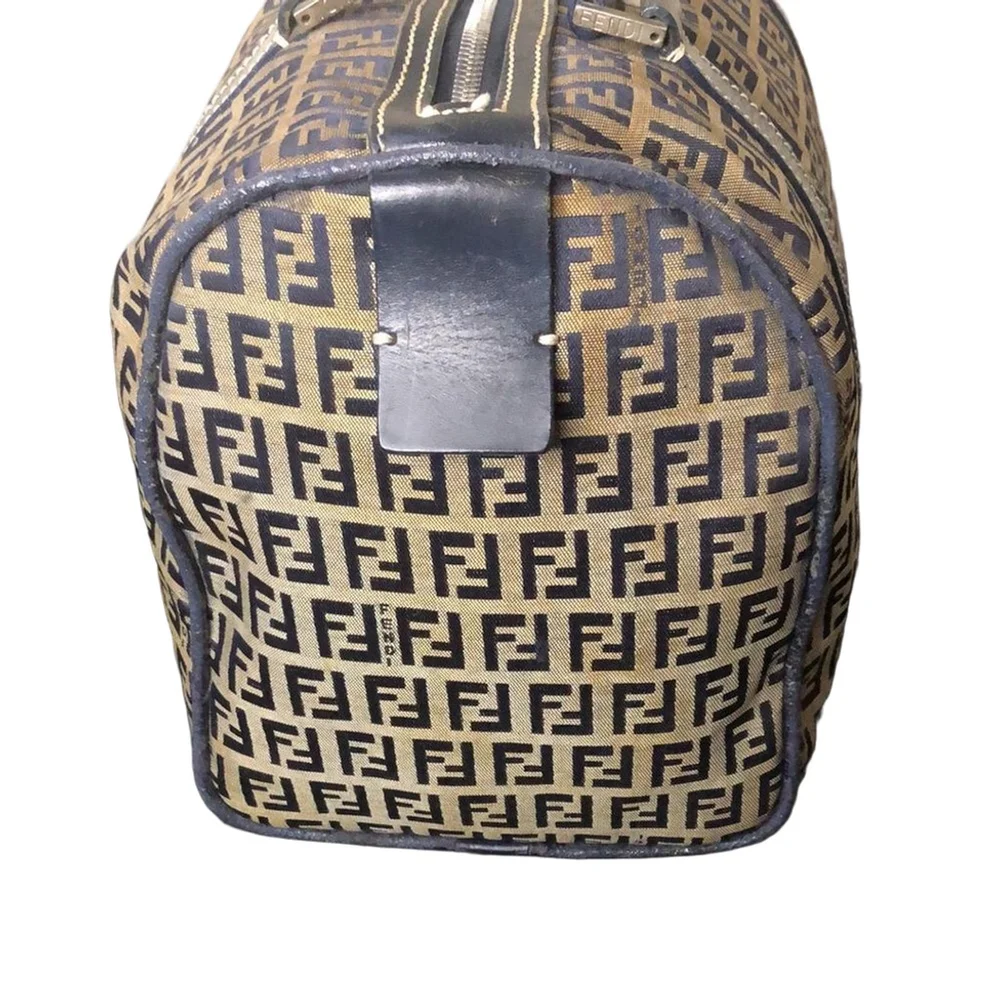 FENDI Zucca Navy Blue Leather and Tan Canvas Boston Duffle Bag Speedy 30